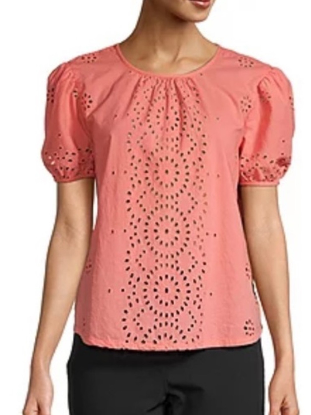 Liz Claiborne Coral Eyelet Puff Sleeve Blouse boho cottage 100% cotton size LP